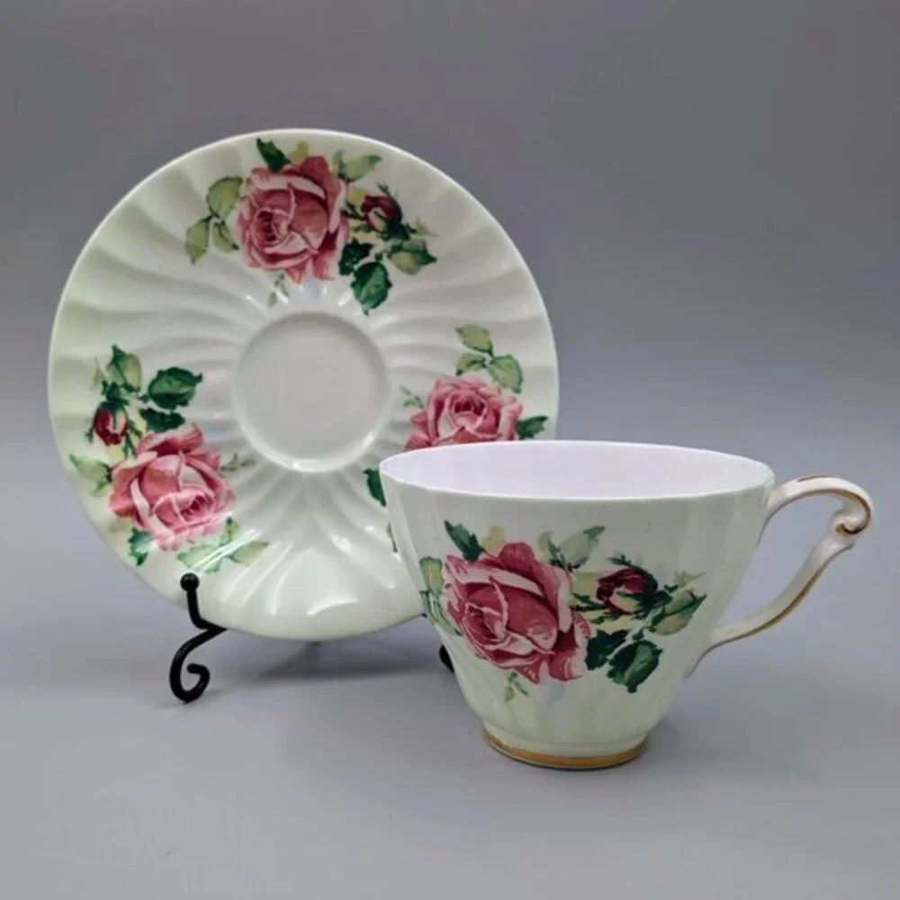 Vintage Queen Anne Bone China Tea Cup and Saucer Set - Mint Green with Pink Cabb